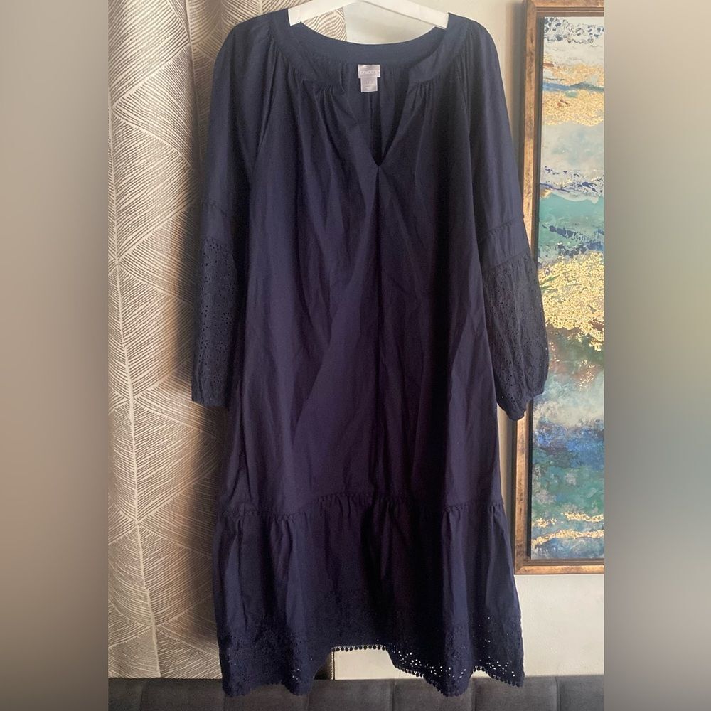 Chicos Dress Womens 1.5 Médium Blue Shift 3/4 Sleeve Embroidered Solid Pockets